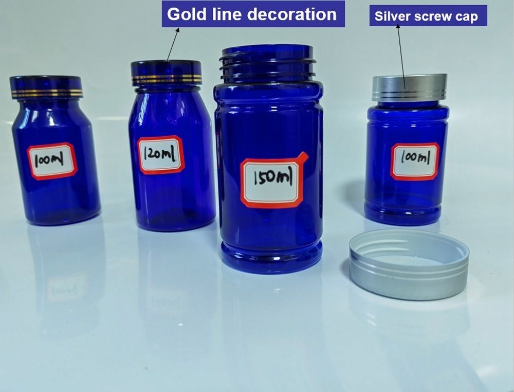 100cc 120cc 150cc Пластиковая бутылка для таблеток Капсулы Прозрачный синий питомец Переполняемая пластиковая твердая лекарственная бутылка